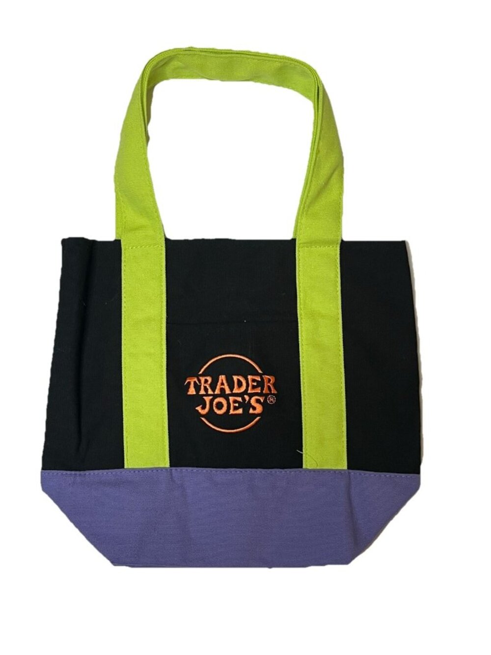 Trader Joes Mini Canvas Tote Bag Black Purple Green Orange Logo 13x17